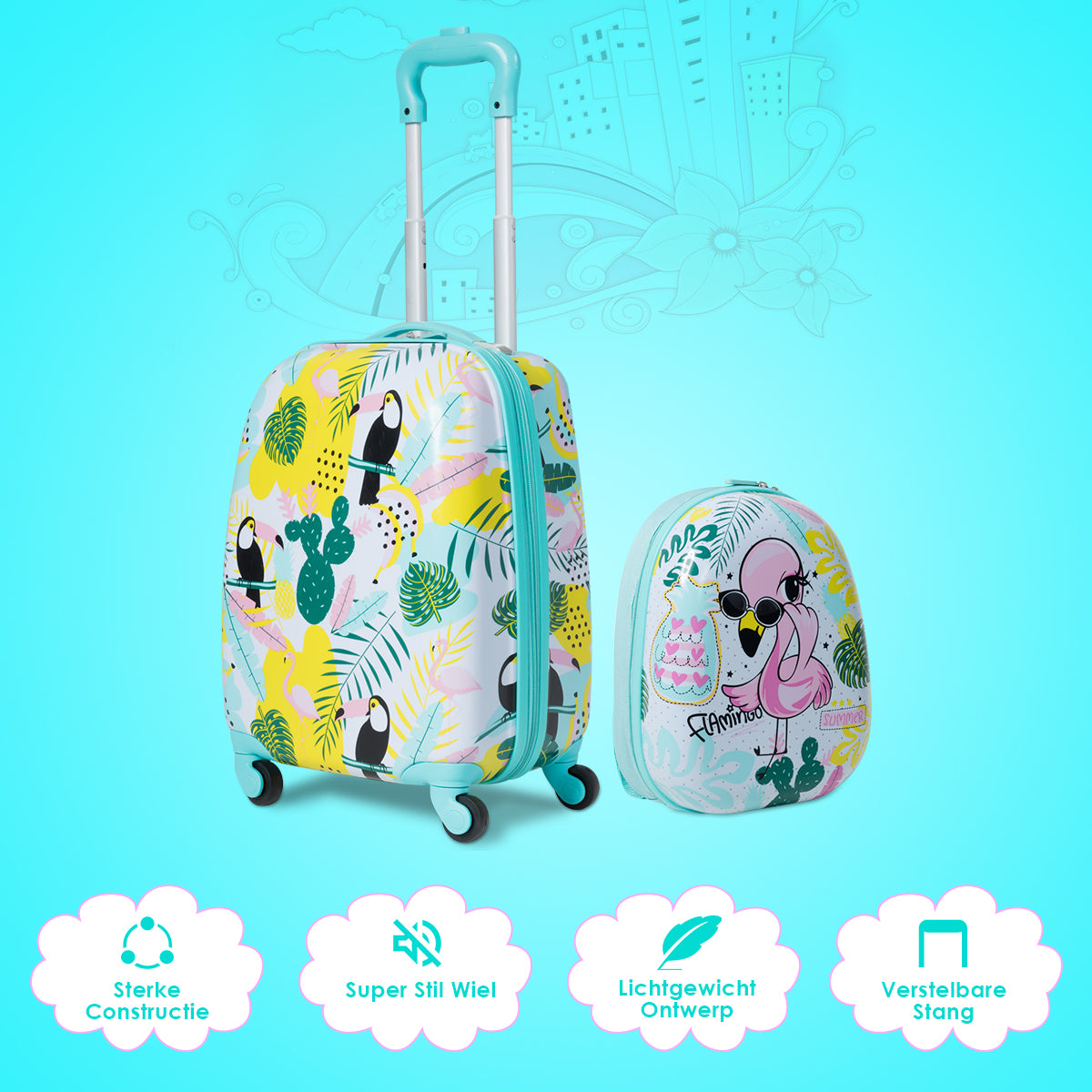LIVSK 2-delige Kinderbagage Set - Duurzaam ABS en PC - Verstelbare Handgrepen - 4 Wielen - 30 x 22 x 44,5-74 cm - Blauw