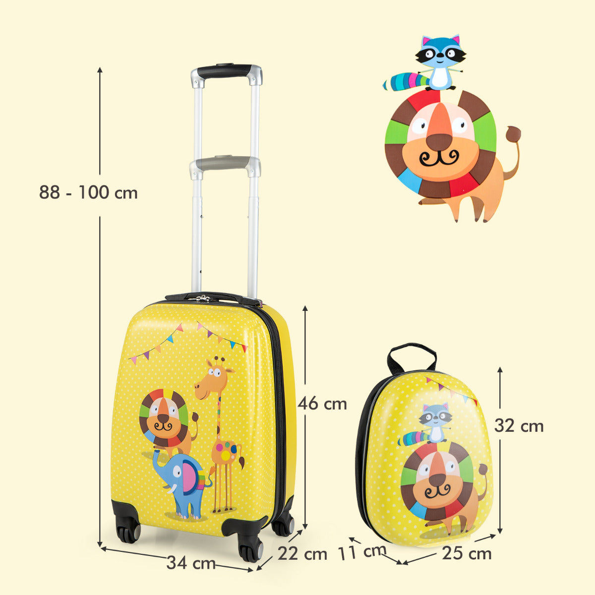 LIVSK Kinderbagageset - Koffer en Rugzak - Uitschuifbaar Handvat - 4 Zwenkwielen - Duurzaam ABS - Voor Kinderen 3-10 Jaar - Geel