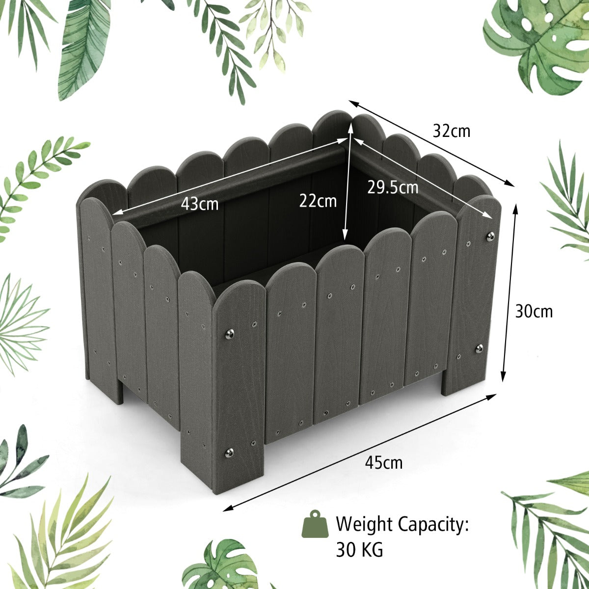 LIVSK Weerbestendige Tuinbloembak Set van 2 - HDPE met Afvoergaten - Voor Planten en Bloemen - 45 x 32 x 30 cm - Grijs