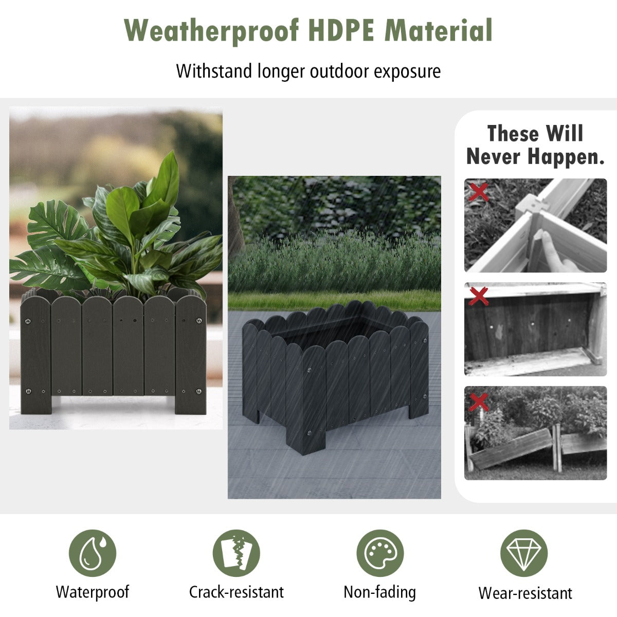 LIVSK Weerbestendige Tuinbloembak Set van 2 - HDPE met Afvoergaten - Voor Planten en Bloemen - 45 x 32 x 30 cm - Grijs