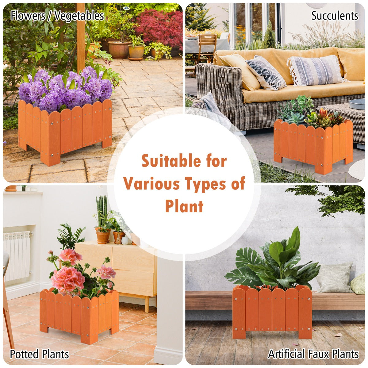 LIVSK Weerbestendige Tuinbed Set - 2 Kunststof Plantenbakken - Afwateringssysteem - Rustiek Design - 45 x 32 x 30 cm - Oranje
