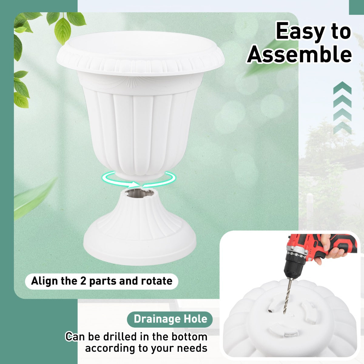 LIVSK Urn-Plantenpotten Set van 2 - Antiek Design - Eenvoudige Montage - Voor Binnen en Buiten - 41 x 46,5 cm - Wit