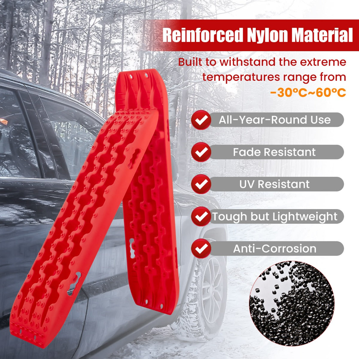 LIVSK Offroad-Tractiemat Set - Robuust Nylon - Draagvermogen 10 ton - Temperatuurbestendig - Ergonomische Handgreep - Rood