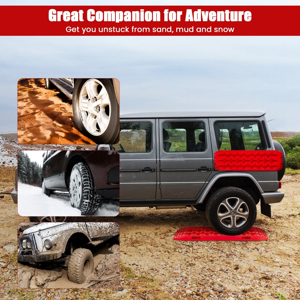 LIVSK Offroad-Tractiemat Set - Robuust Nylon - Draagvermogen 10 ton - Temperatuurbestendig - Ergonomische Handgreep - Rood