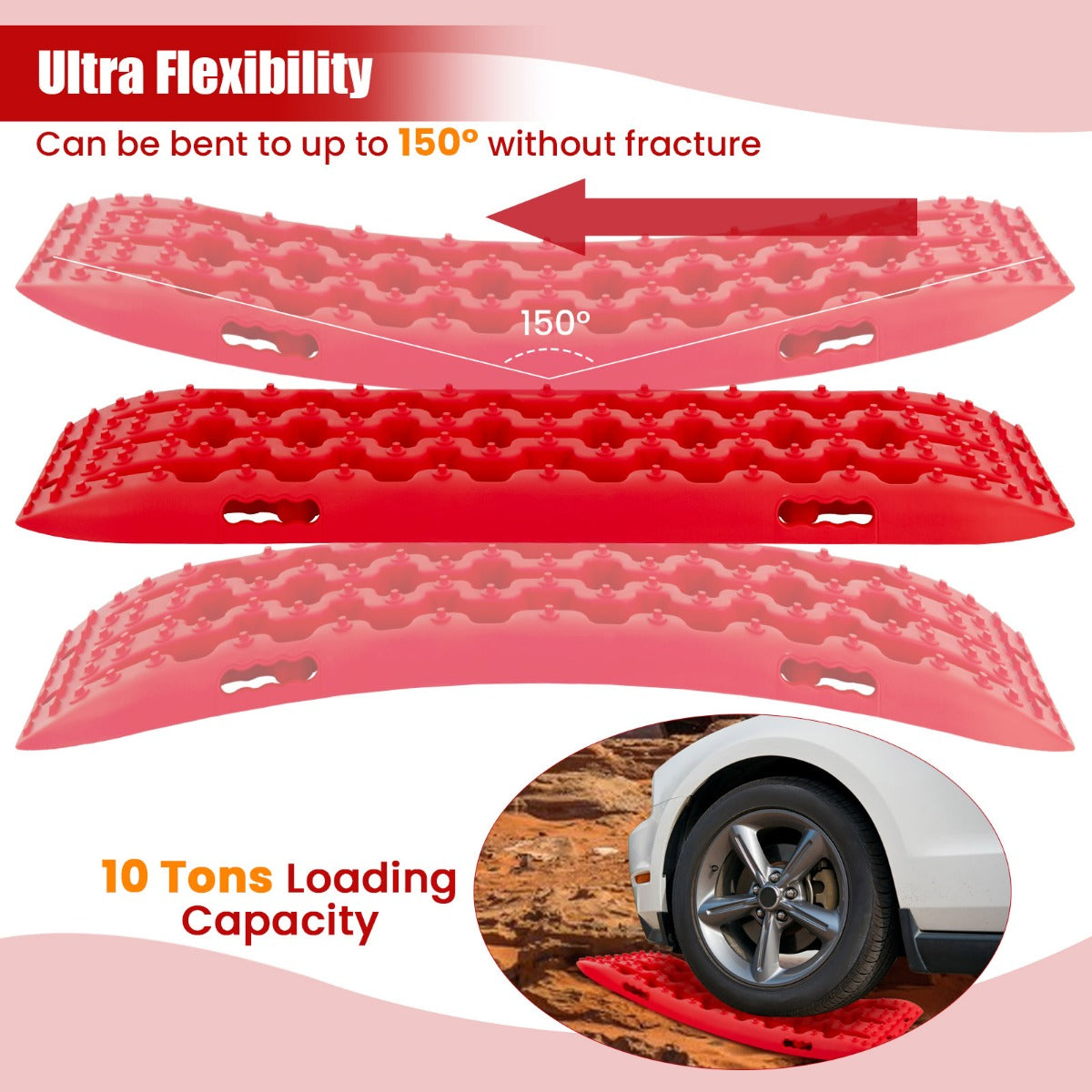 LIVSK Offroad-Tractiemat Set - Robuust Nylon - Draagvermogen 10 ton - Temperatuurbestendig - Ergonomische Handgreep - Rood