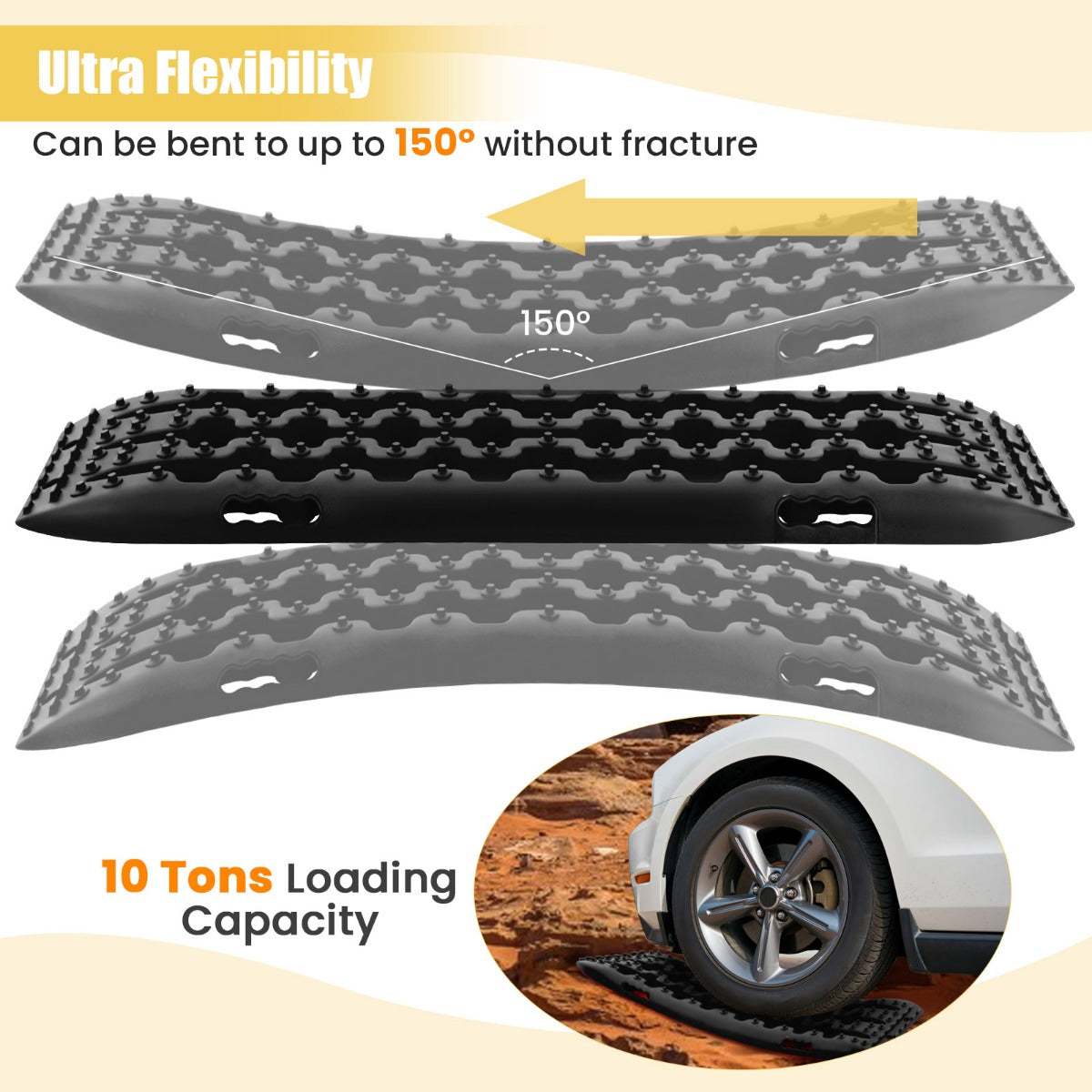 LIVSK Offroad Tractiematten - Set van 2 - Robuust Nylon - Belastbaar tot 10 Ton - Buigbaar tot 150 Graden - Zwart