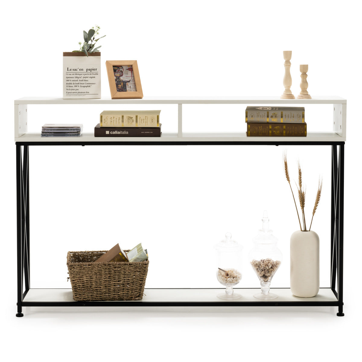LIVSK Consoletafel met Open Plank - Stabiel Stalen Frame - Verstelbare Poten - Ruimtebesparend - 120 x 23 x 79 cm - Wit
