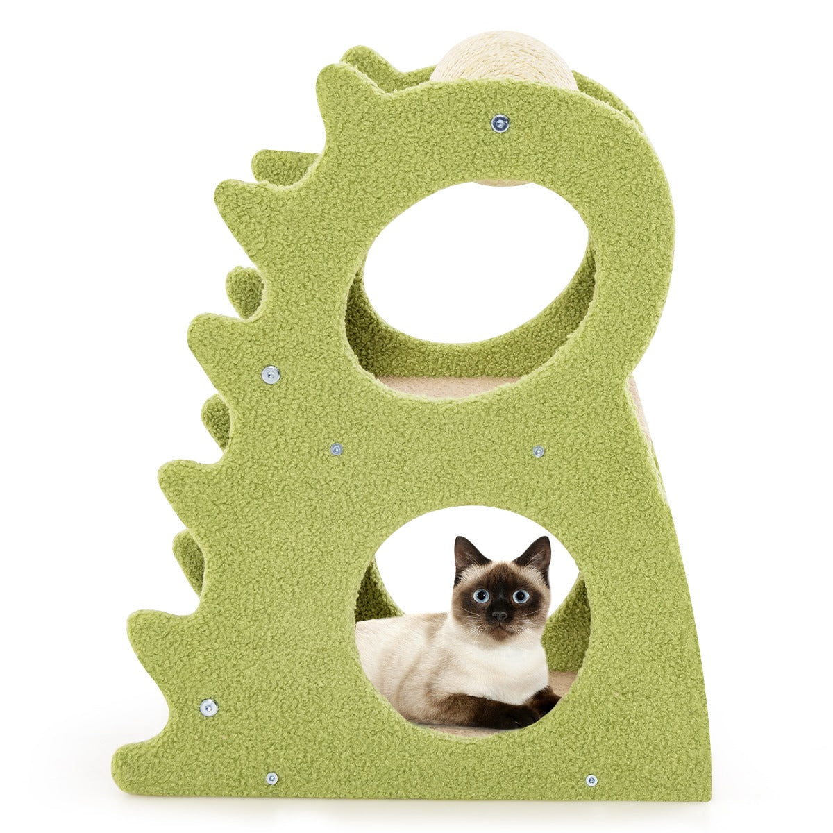 LIVSK Kattenkrabpaal - Dinosaurusvorm - 2 Niveaus met 4 Openingen - Draaibare Krabbal - 48 x 37 x 58 cm - Groen + Beige