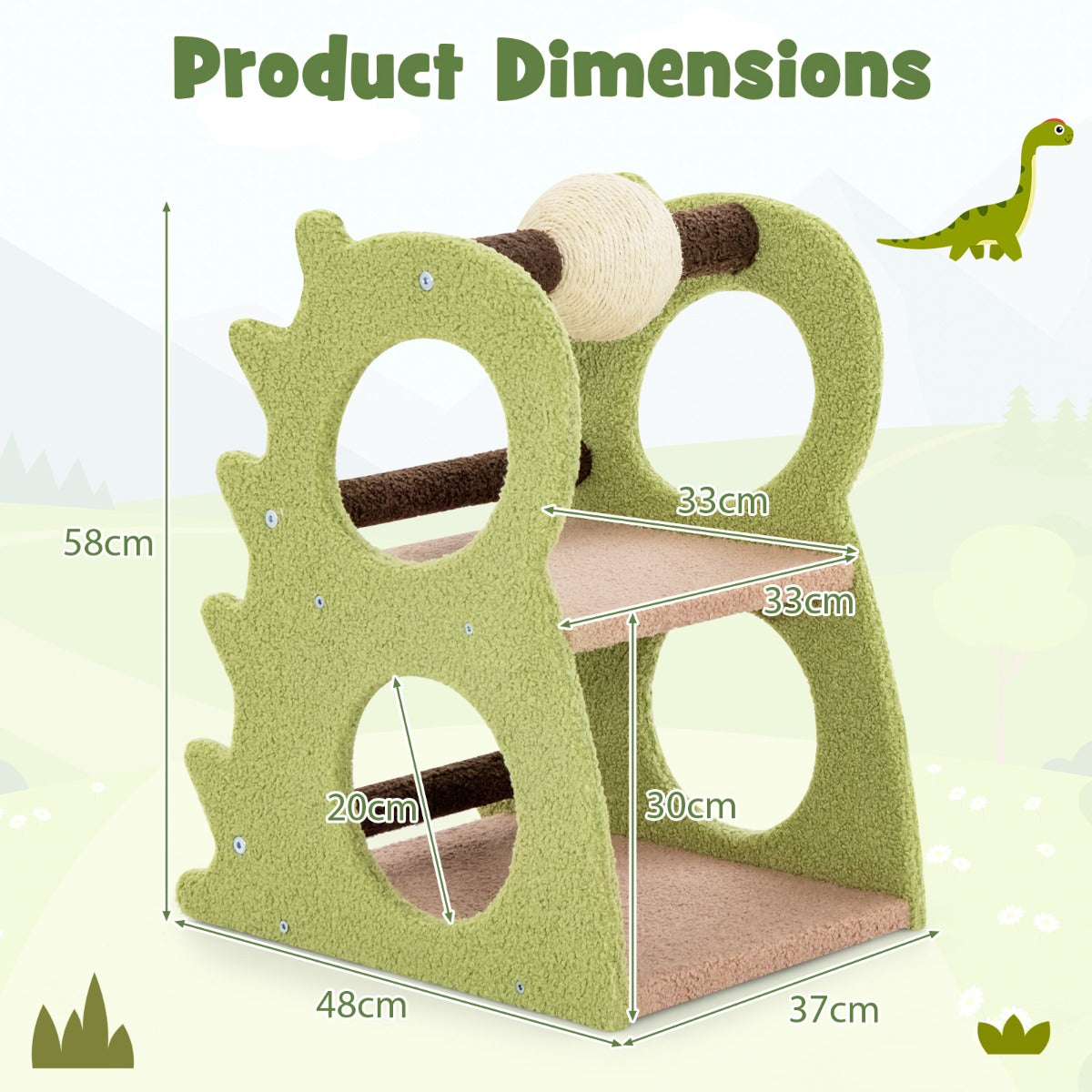 LIVSK Kattenkrabpaal - Dinosaurusvorm - 2 Niveaus met 4 Openingen - Draaibare Krabbal - 48 x 37 x 58 cm - Groen + Beige