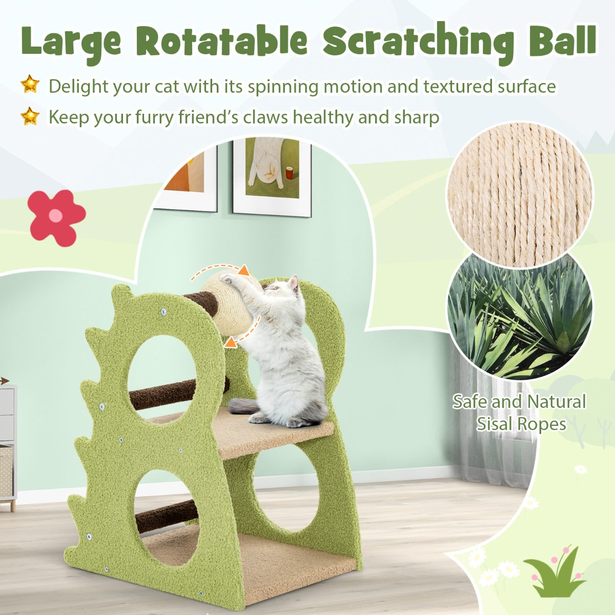LIVSK Kattenkrabpaal - Dinosaurusvorm - 2 Niveaus met 4 Openingen - Draaibare Krabbal - 48 x 37 x 58 cm - Groen + Beige