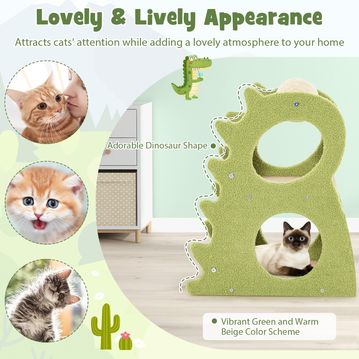 LIVSK Kattenkrabpaal - Dinosaurusvorm - 2 Niveaus met 4 Openingen - Draaibare Krabbal - 48 x 37 x 58 cm - Groen + Beige