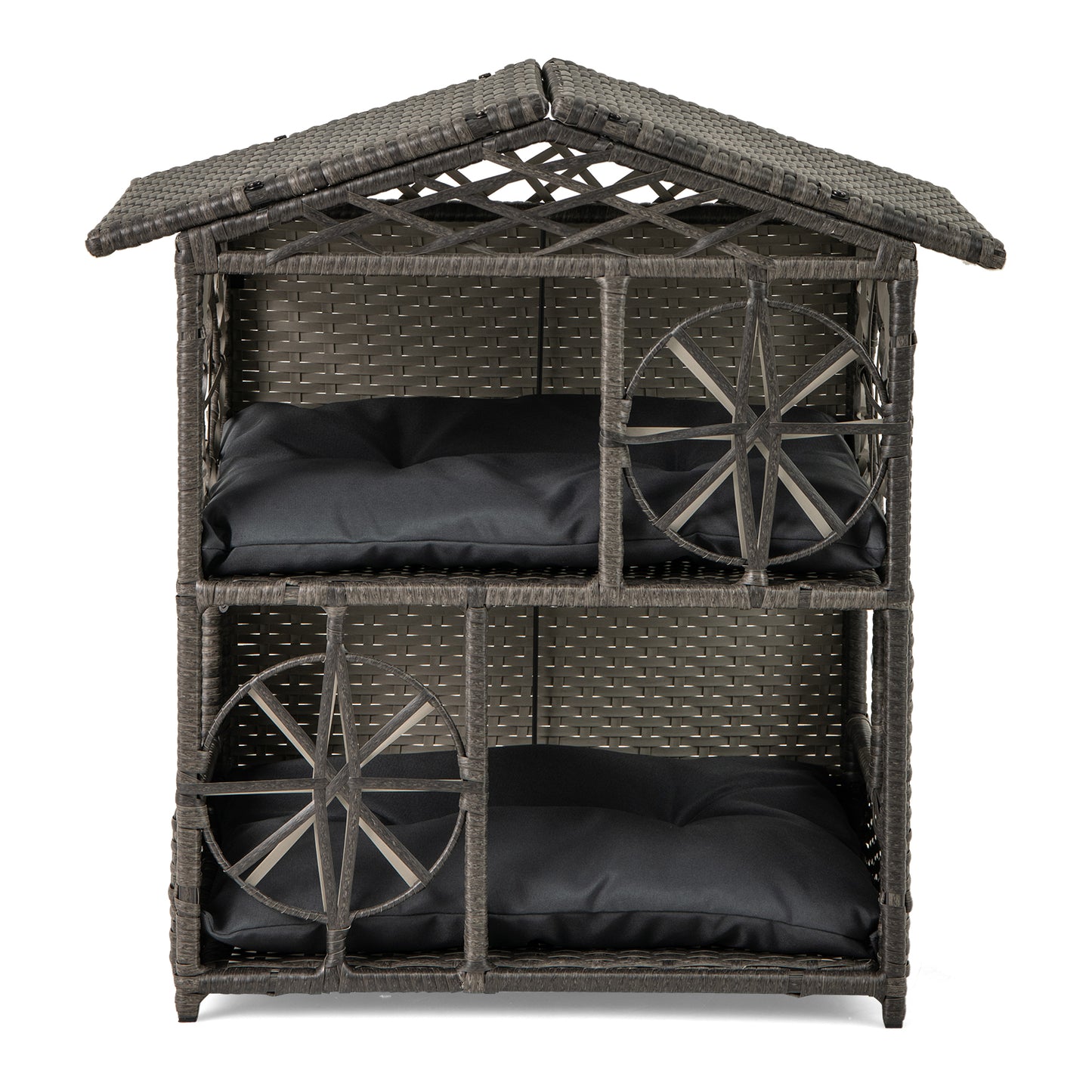 LIVSK Rattan-kattenhuis met Afneembare Kussens - Twee Verdiepingen - Vintage Ontwerp - Voor Binnen en Buiten - Grijs