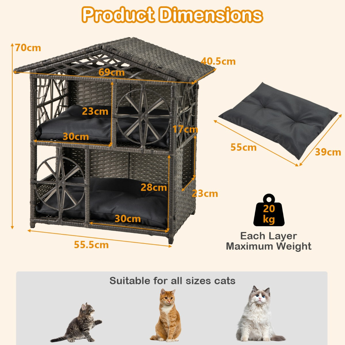 LIVSK Rattan-kattenhuis met Afneembare Kussens - Twee Verdiepingen - Vintage Ontwerp - Voor Binnen en Buiten - Grijs