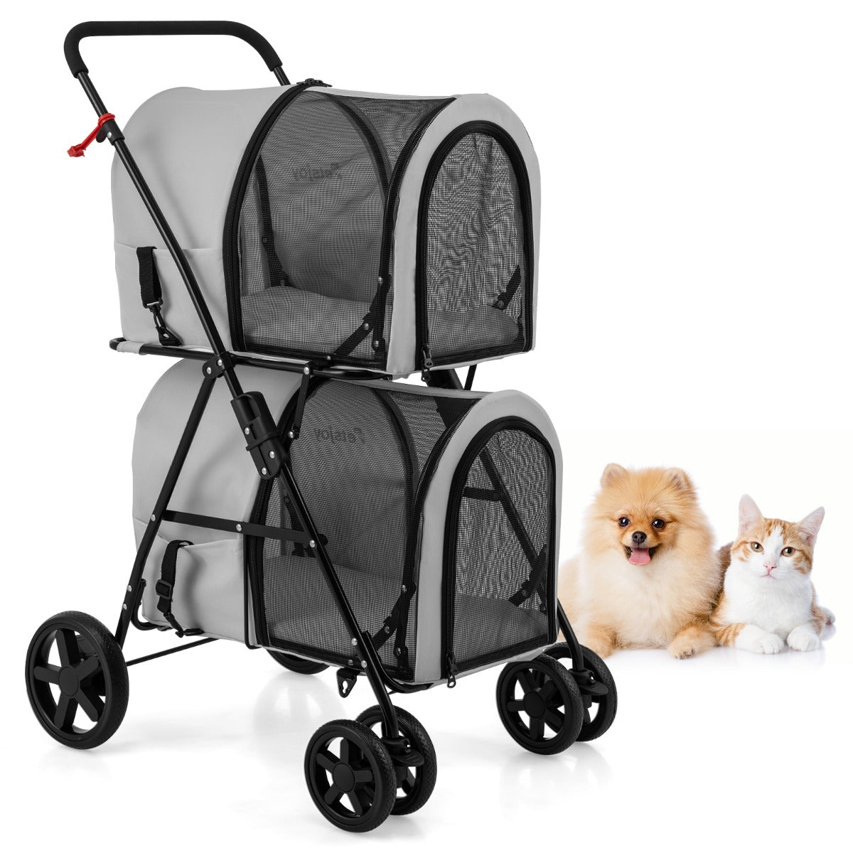 Livsk costway 2 verdiepingen hondenwagen tot 16 kg hondenbuggy met gaasvensters bekerhouders grijs