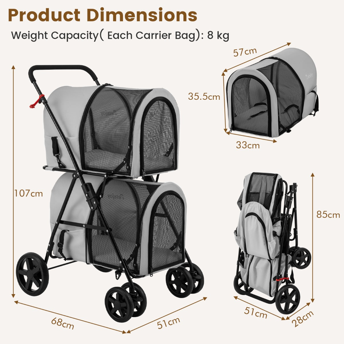 Livsk costway 2 verdiepingen hondenwagen tot 16 kg hondenbuggy met gaasvensters bekerhouders grijs 2