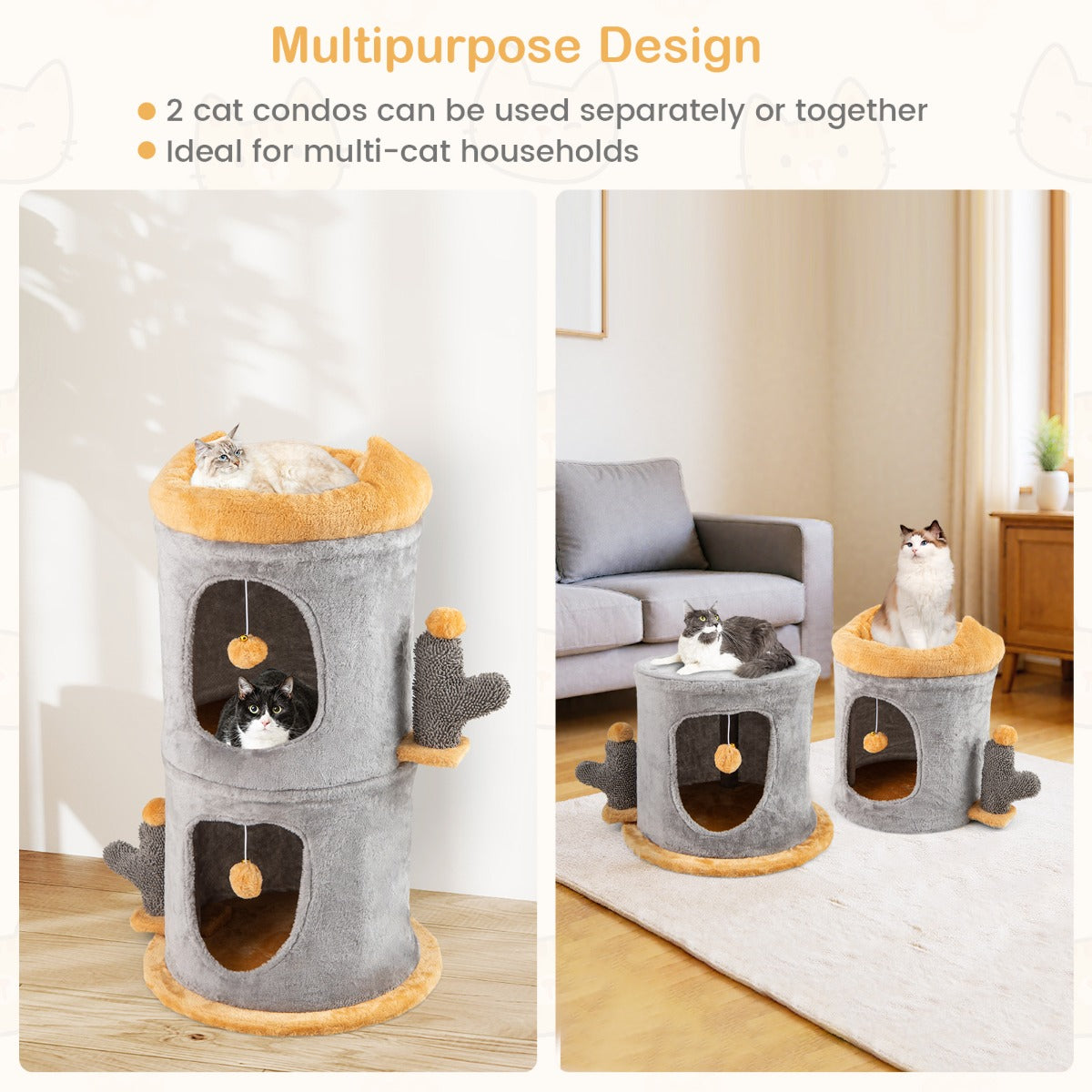 LIVSK Krabpaal met 2 Verdiepingen - Zacht Kussen - Kattenholletjes met Privé Ingangen - Inclusief Pluche Speelgoed - Grijs+Oranje