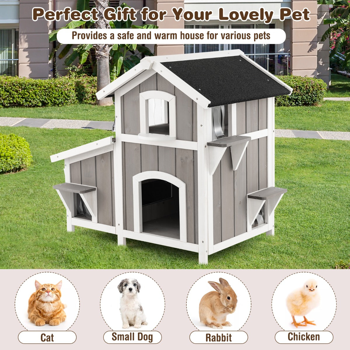 LIVSK Weerbestendig Buiten Kattenhuis - 2 Verdiepingen - PVC-Gordijnen - Massief Sparrenhout - Tot 30 kg - Grijs