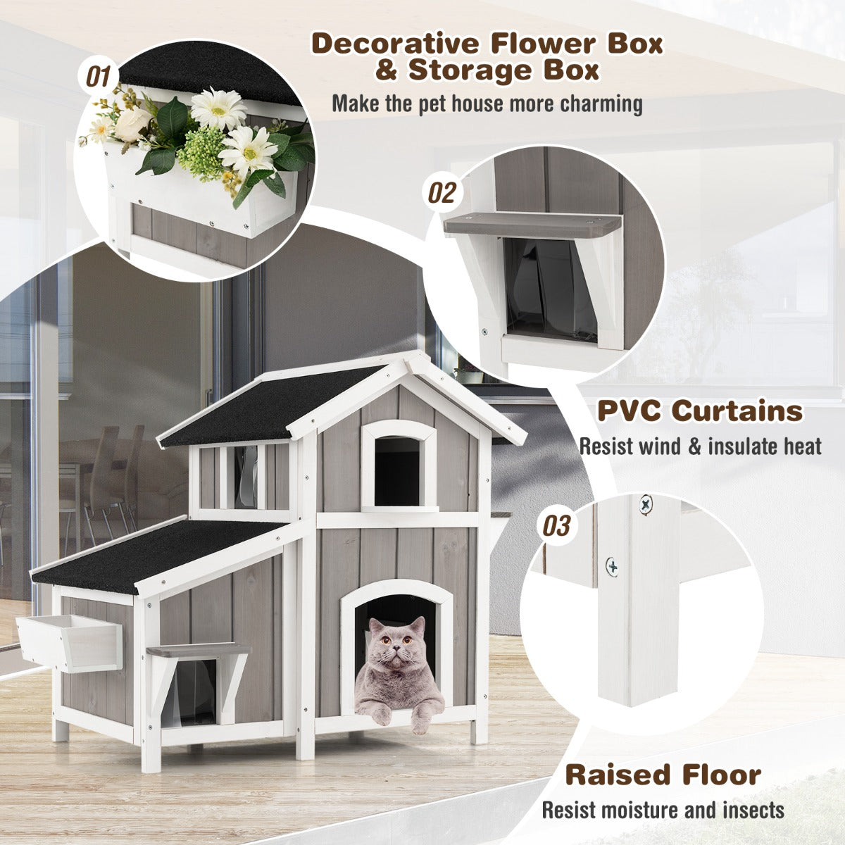LIVSK Weerbestendig Buiten Kattenhuis - 2 Verdiepingen - PVC-Gordijnen - Massief Sparrenhout - Tot 30 kg - Grijs