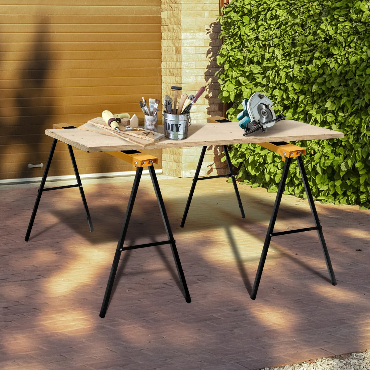 LIVSK Inklapbare Werkschragen Set van 2 - Draagvermogen tot 275 kg - Handgreep voor Eenvoudig Transport - Geel