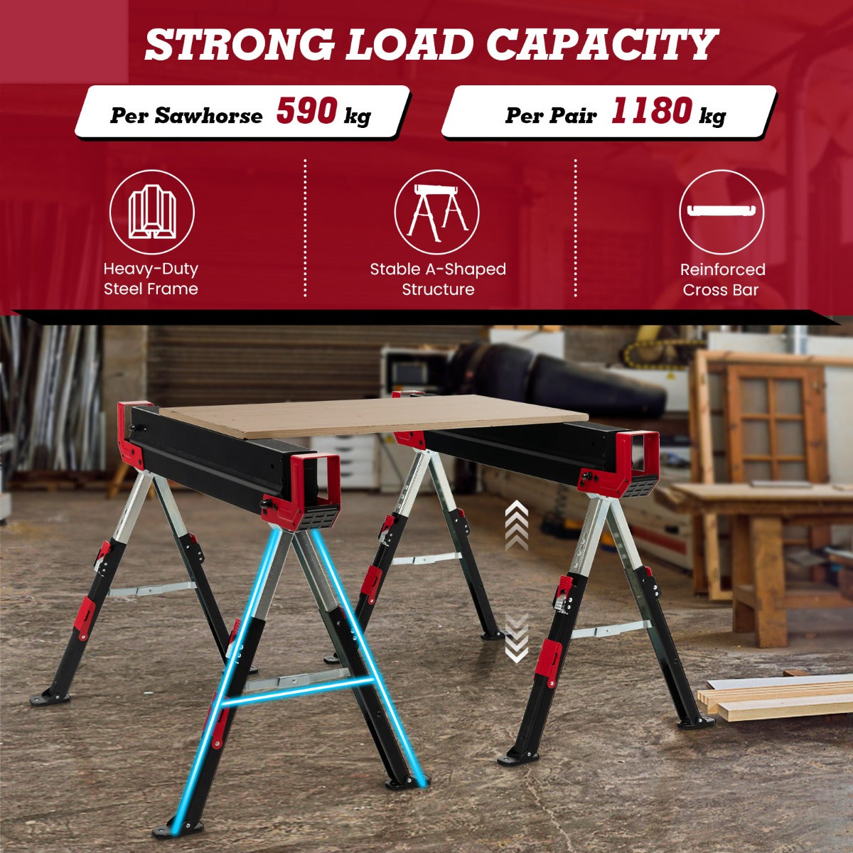 LIVSK Set van 2 Zaagbokken - Maximaal 1180 kg Belastbaar - In hoogte verstelbaar - Antislip - Inklapbaar - Zwart/Rood
