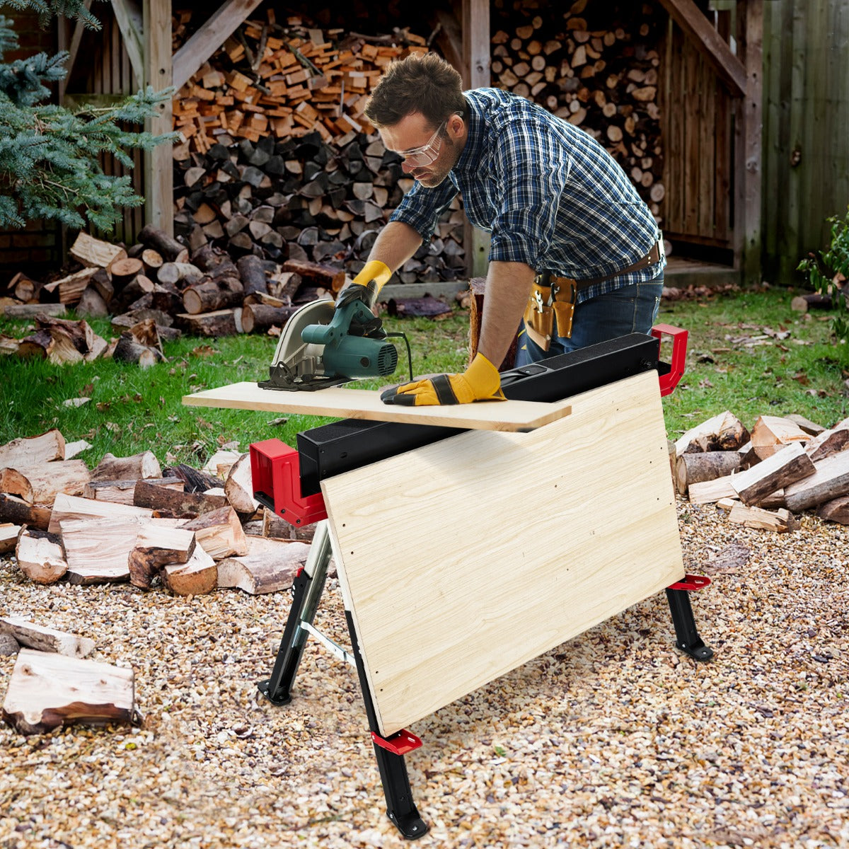 LIVSK Set van 2 Zaagbokken - Maximaal 1180 kg Belastbaar - In hoogte verstelbaar - Antislip - Inklapbaar - Zwart/Rood