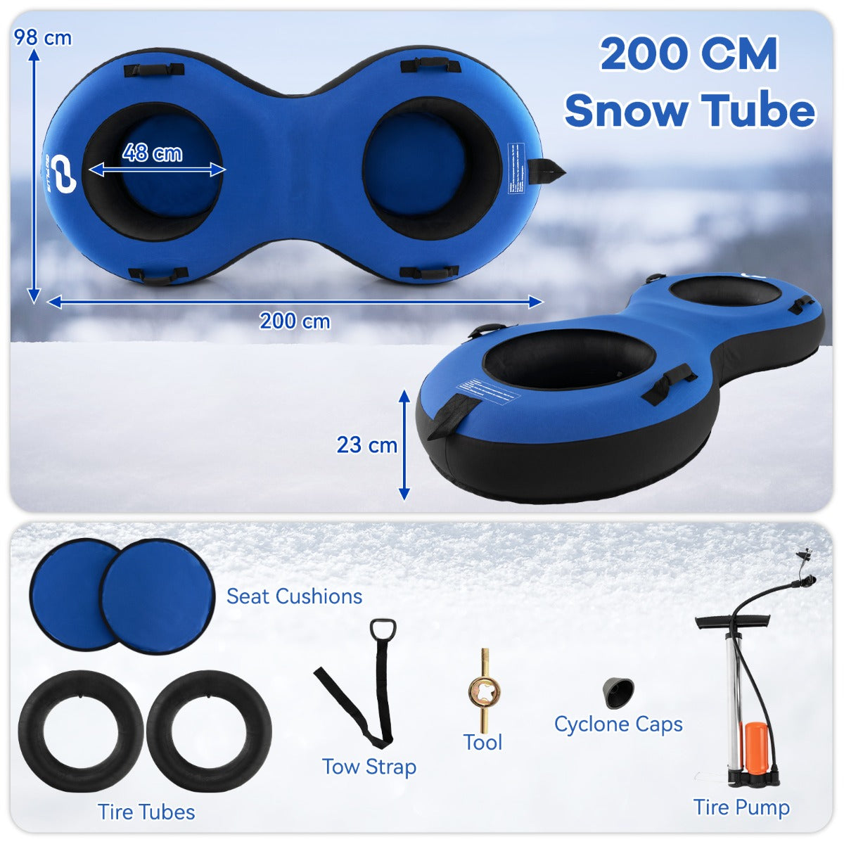 Livsk costway 2 zits 200 cm sneeuwslee hoogwaardige rubberen binnenband stijve basis trekband opblaaspomp voor kinderen volwassenen blauw 2