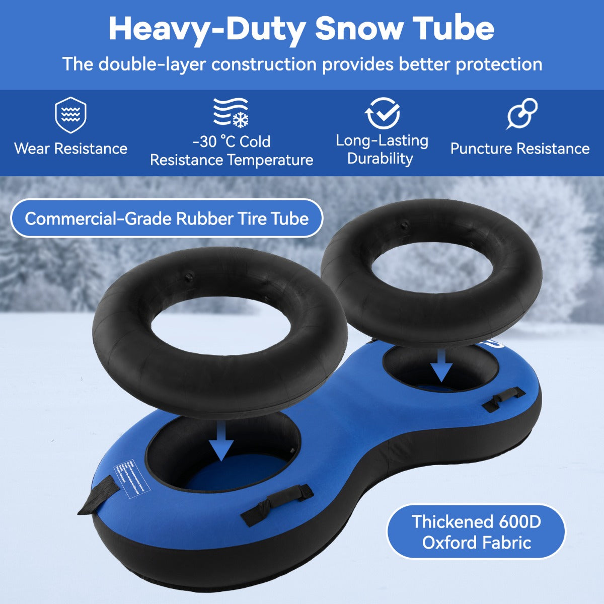 Livsk costway 2 zits 200 cm sneeuwslee hoogwaardige rubberen binnenband stijve basis trekband opblaaspomp voor kinderen volwassenen blauw 4