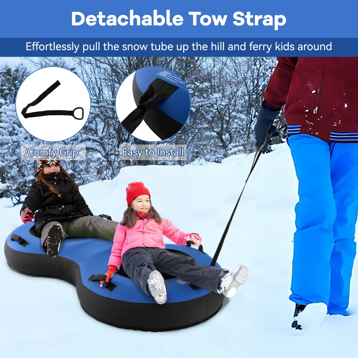 Livsk costway 2 zits 200 cm sneeuwslee hoogwaardige rubberen binnenband stijve basis trekband opblaaspomp voor kinderen volwassenen blauw 5