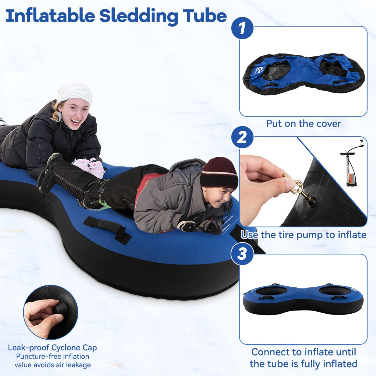 Livsk costway 2 zits 200 cm sneeuwslee hoogwaardige rubberen binnenband stijve basis trekband opblaaspomp voor kinderen volwassenen blauw 6