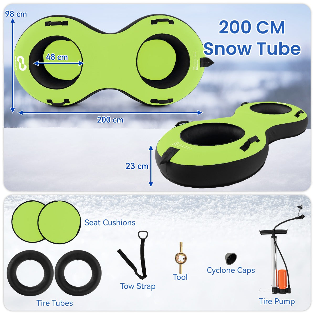 Livsk costway 2 zits 200 cm sneeuwslee hoogwaardige rubberen binnenband stijve basis trekband opblaaspomp voor kinderen volwassenen groen 1 1