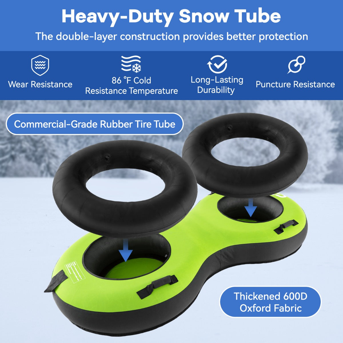 Livsk costway 2 zits 200 cm sneeuwslee hoogwaardige rubberen binnenband stijve basis trekband opblaaspomp voor kinderen volwassenen groen 3