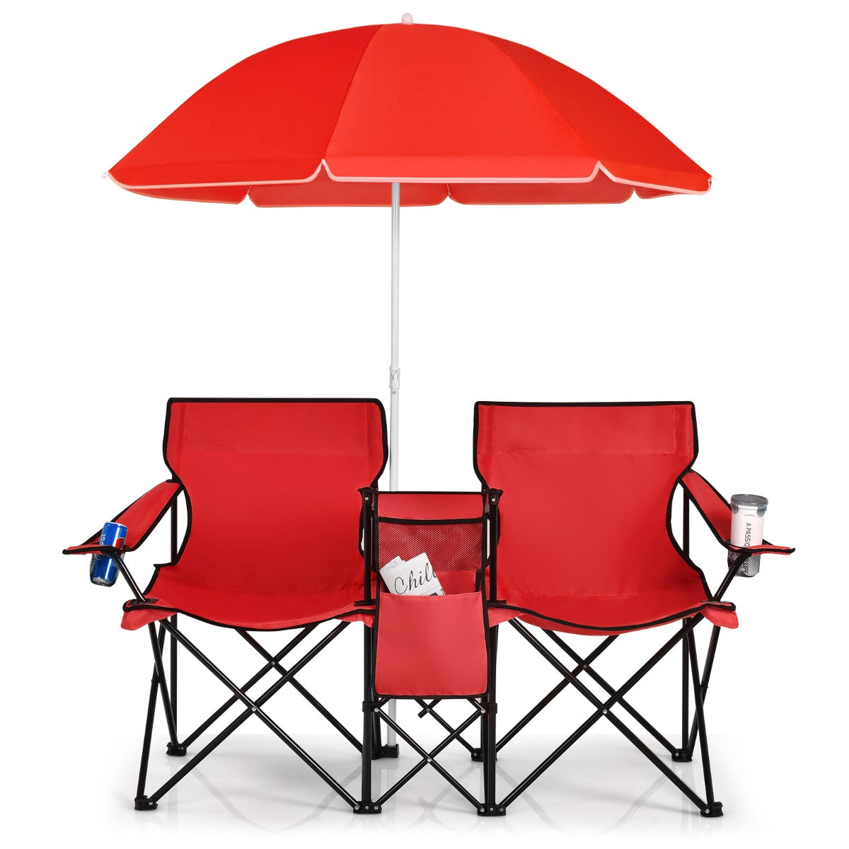 Livsk costway 2 zits campingstoel met parasol koeltas bekerhouder en zijzak inklapbare visstoel met draagtas vouwstoel klapstoel voor kamperen rood 1 1