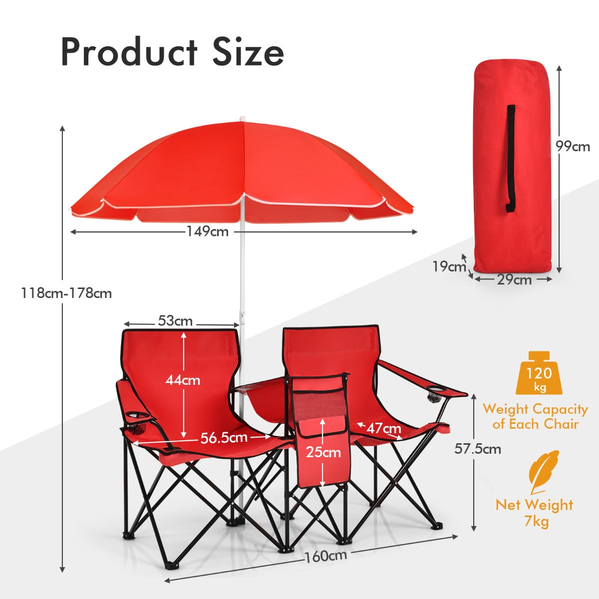 Livsk costway 2 zits campingstoel met parasol koeltas bekerhouder en zijzak inklapbare visstoel met draagtas vouwstoel klapstoel voor kamperen rood 2