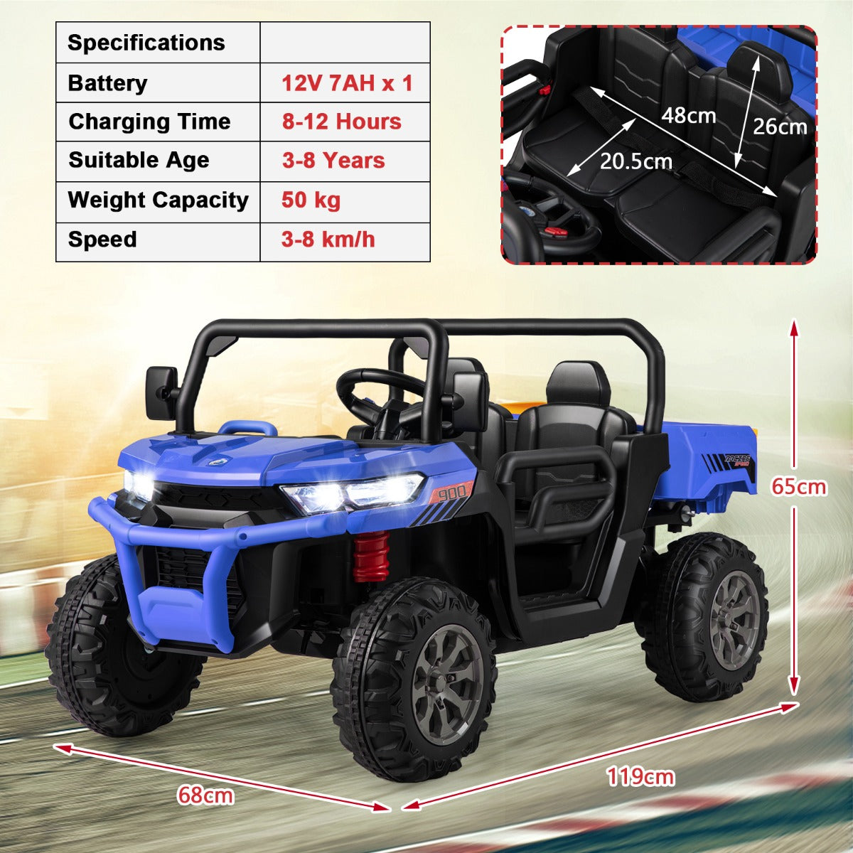 LIVSK 12V Kiepwagen voor Kinderen - Afstandsbediening - Veiligheidsgordels - Muziek en Toetergeluiden - Tot 50 kg - Blauw