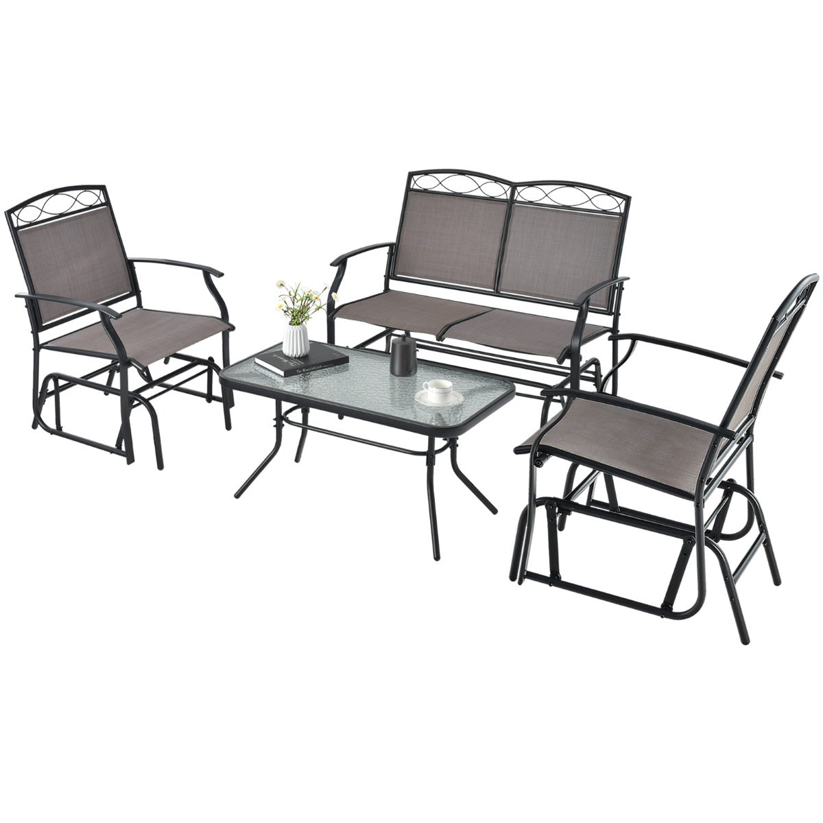LIVSK 2-delige tuinmeubelset - Schommelbank voor 2 personen - Salontafel van gehard glas - Robuust metaal - Bruin + Zwart