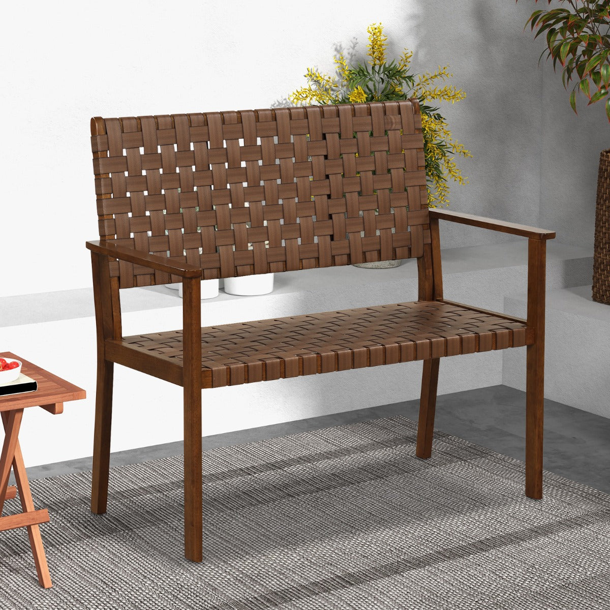 LIVSK Loveseat - Handgeweven Kunstleer - Massief Rubberhouten Frame - Tot 200 kg - Eenvoudige Montage - 108 x 57 x 101 cm - Bruin