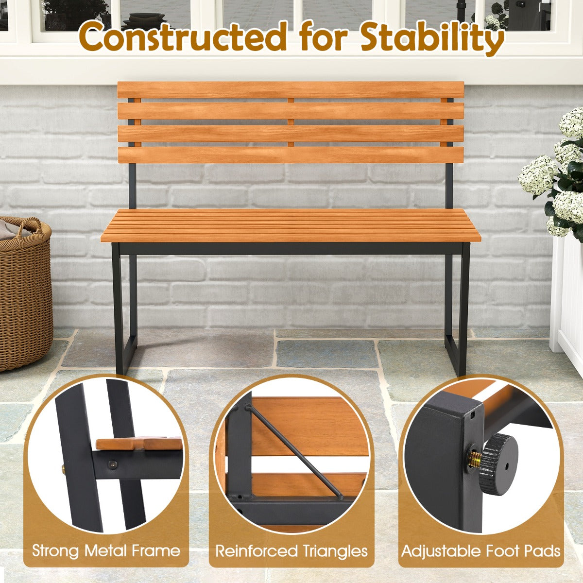 Livsk costway 2 zits tuinbank met acaciahout en metalen frame balkonbank met rugleuning