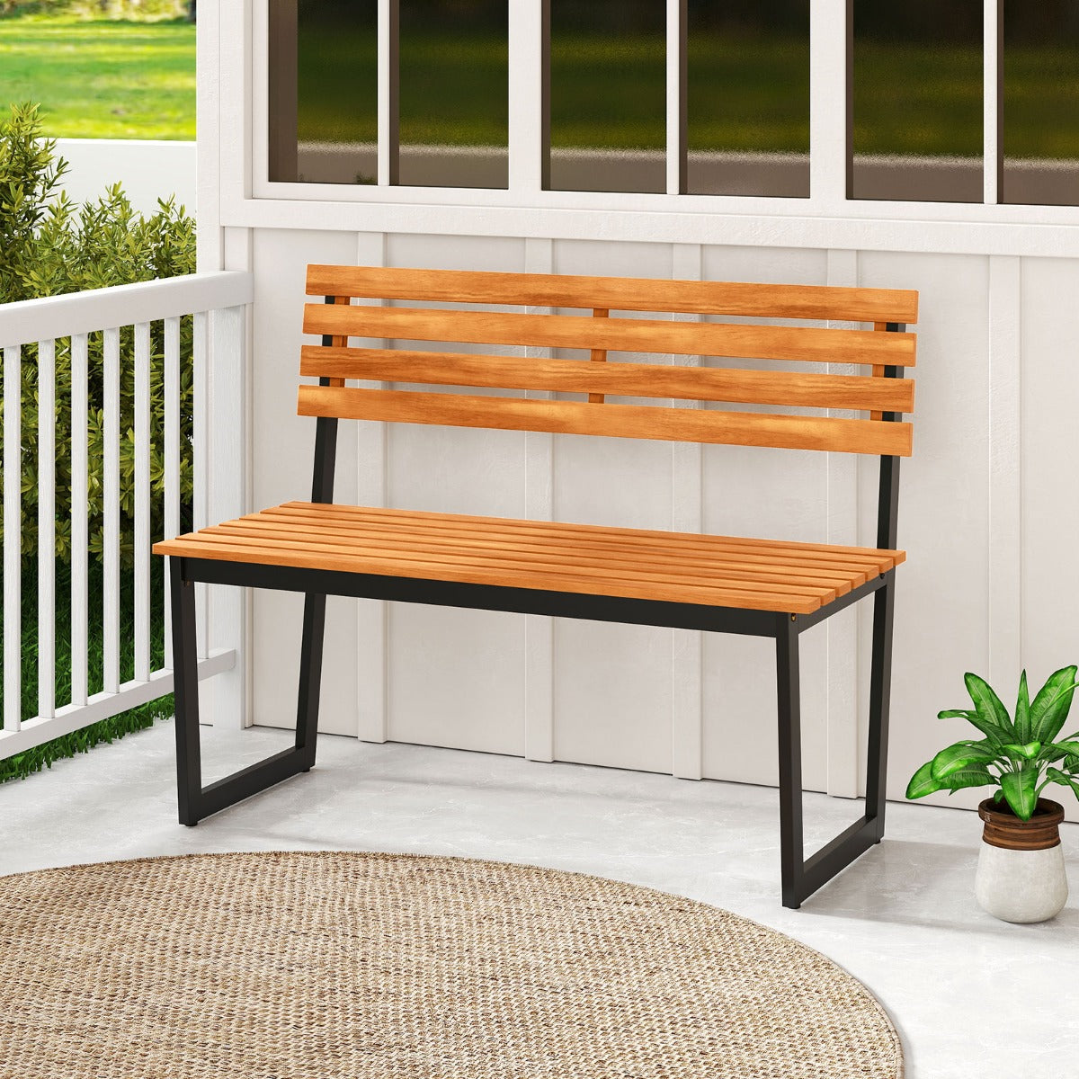 Livsk costway 2 zits tuinbank met acaciahout en metalen frame balkonbank met rugleuning
