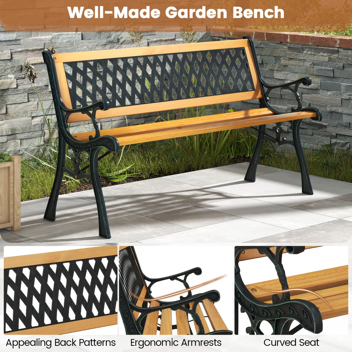 LIVSK Weerbestendige Tuinbank - Gietijzer en Hout - Draagkracht 210 kg - Ruime Zitting 126 x 52 x 74 cm - Zwart + Natuurlijk