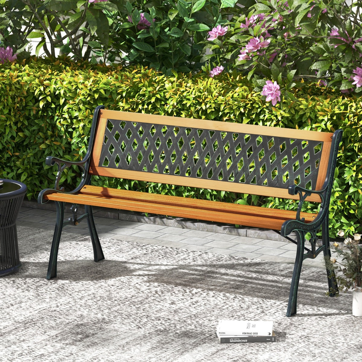 LIVSK Weerbestendige Tuinbank - Gietijzer en Hout - Draagkracht 210 kg - Ruime Zitting 126 x 52 x 74 cm - Zwart + Natuurlijk