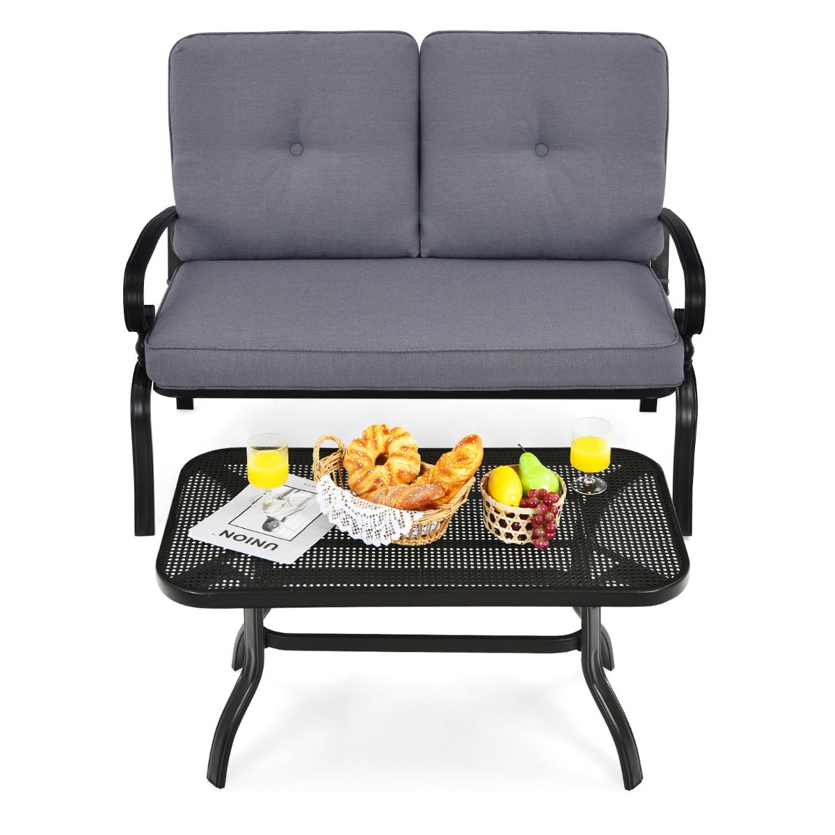 LIVSK outdoor tuinbankset met salontafel - Comfortabel voor twee - Duurzaam met metalen frame - Ergonomische kussens - Grijs