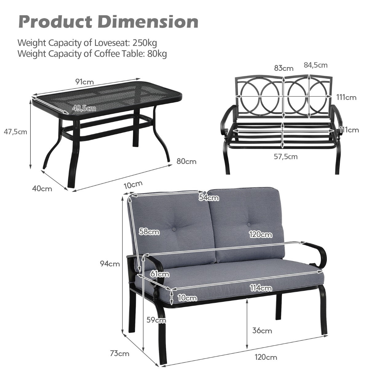 LIVSK outdoor tuinbankset met salontafel - Comfortabel voor twee - Duurzaam met metalen frame - Ergonomische kussens - Grijs