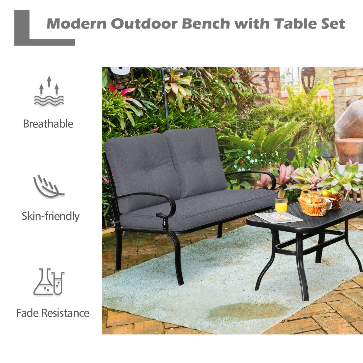 LIVSK outdoor tuinbankset met salontafel - Comfortabel voor twee - Duurzaam met metalen frame - Ergonomische kussens - Grijs