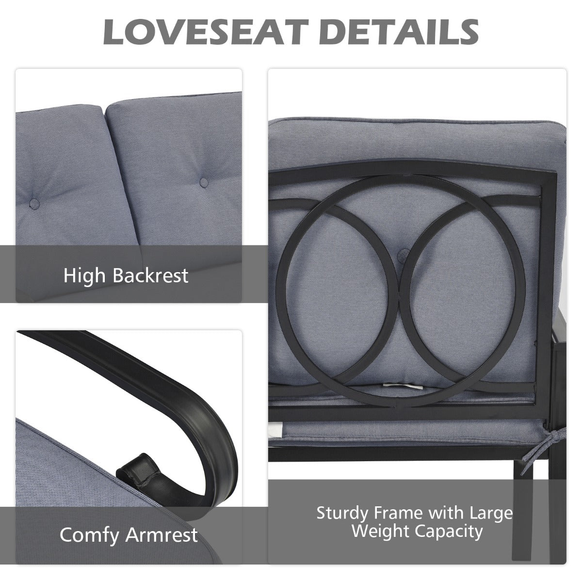LIVSK outdoor tuinbankset met salontafel - Comfortabel voor twee - Duurzaam met metalen frame - Ergonomische kussens - Grijs