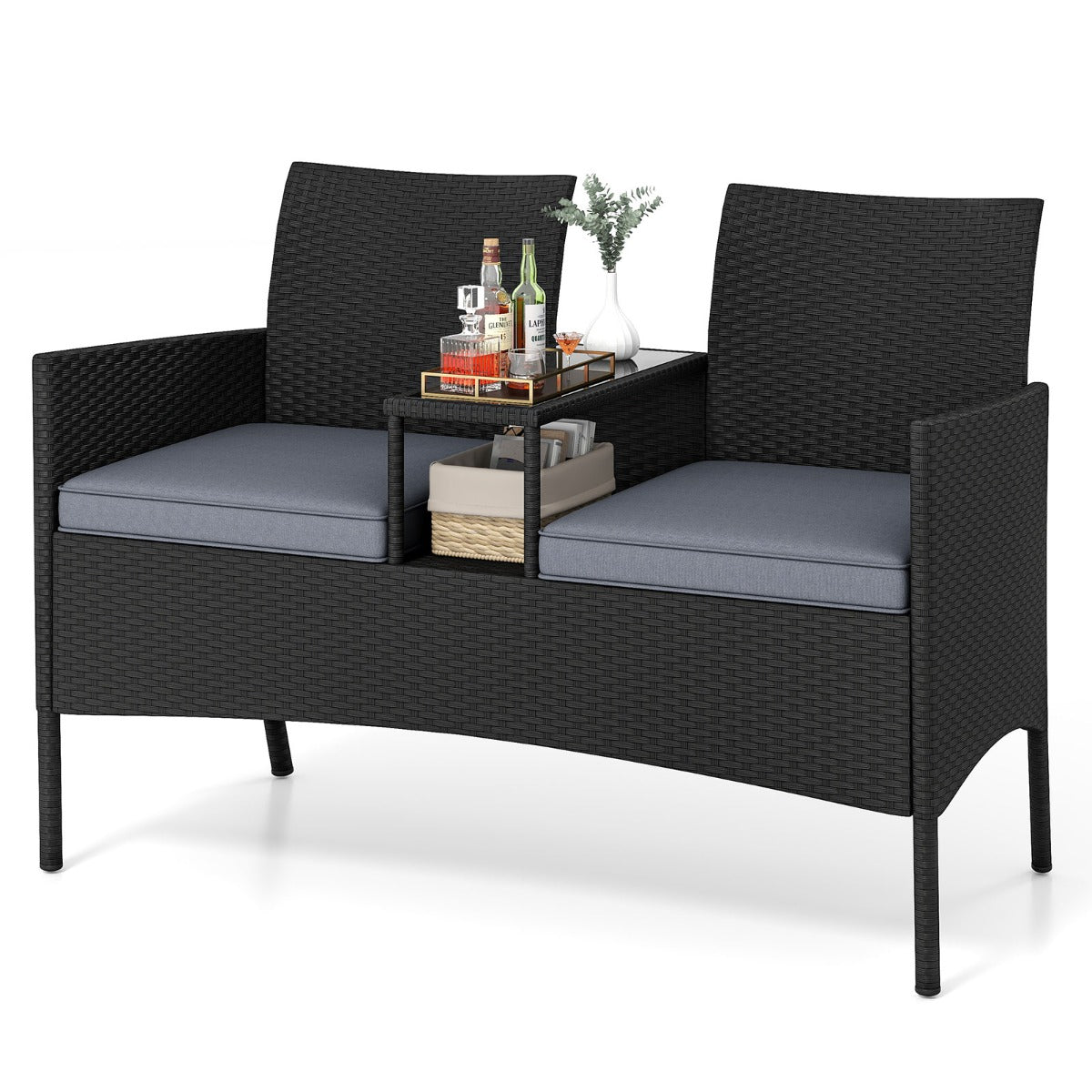 LIVSK Terrasbank met Geïntegreerde Tafel - Handgeweven PE Rotan - Gehard Glas - Comfortabele Kussens - Stabiel Metaal - Zwart
