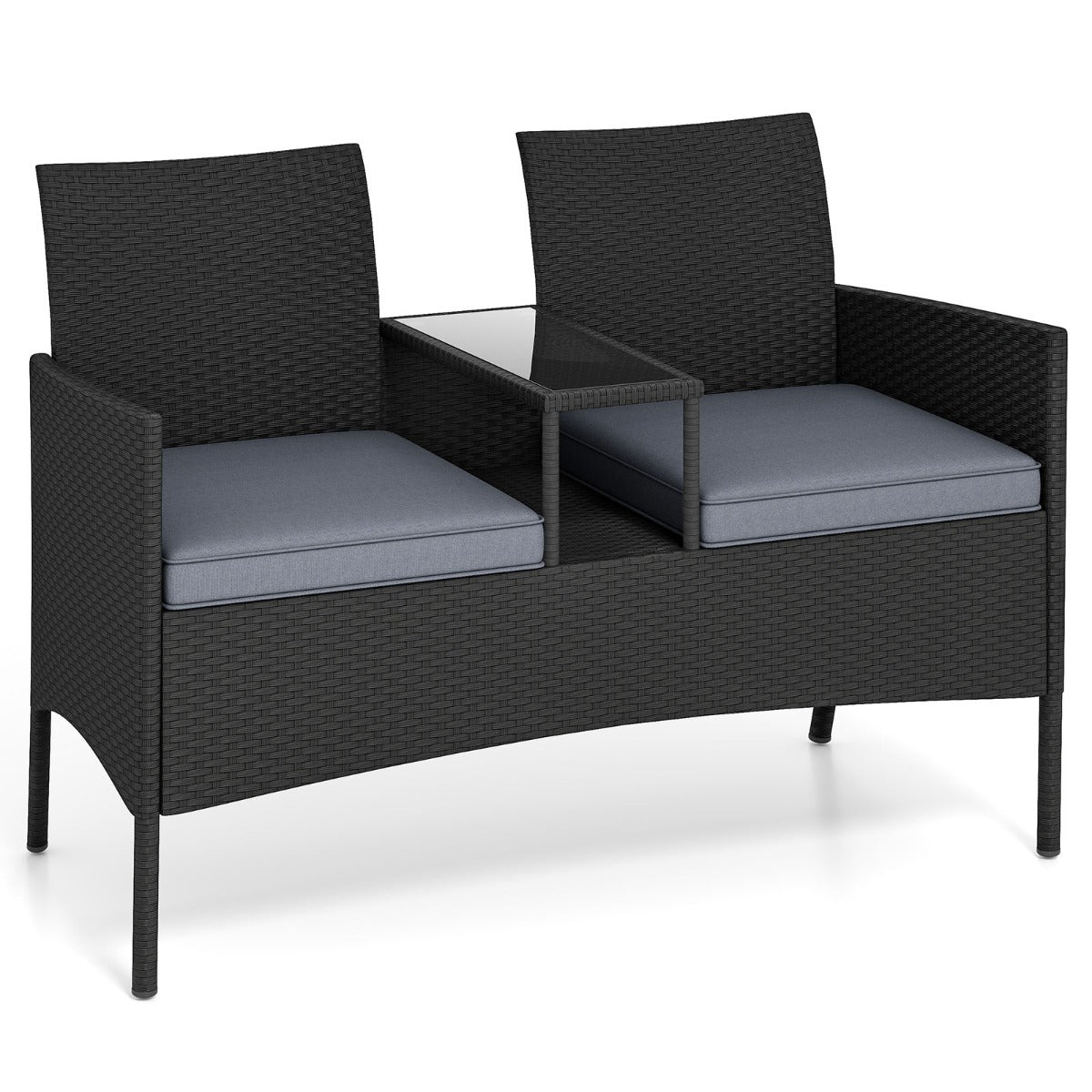 LIVSK Terrasbank met Geïntegreerde Tafel - Handgeweven PE Rotan - Gehard Glas - Comfortabele Kussens - Stabiel Metaal - Zwart