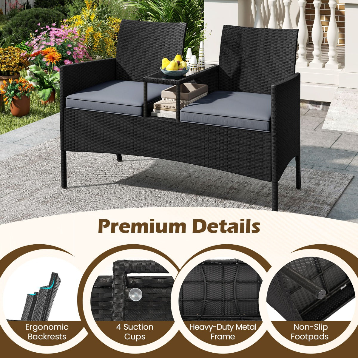 LIVSK Terrasbank met Geïntegreerde Tafel - Handgeweven PE Rotan - Gehard Glas - Comfortabele Kussens - Stabiel Metaal - Zwart