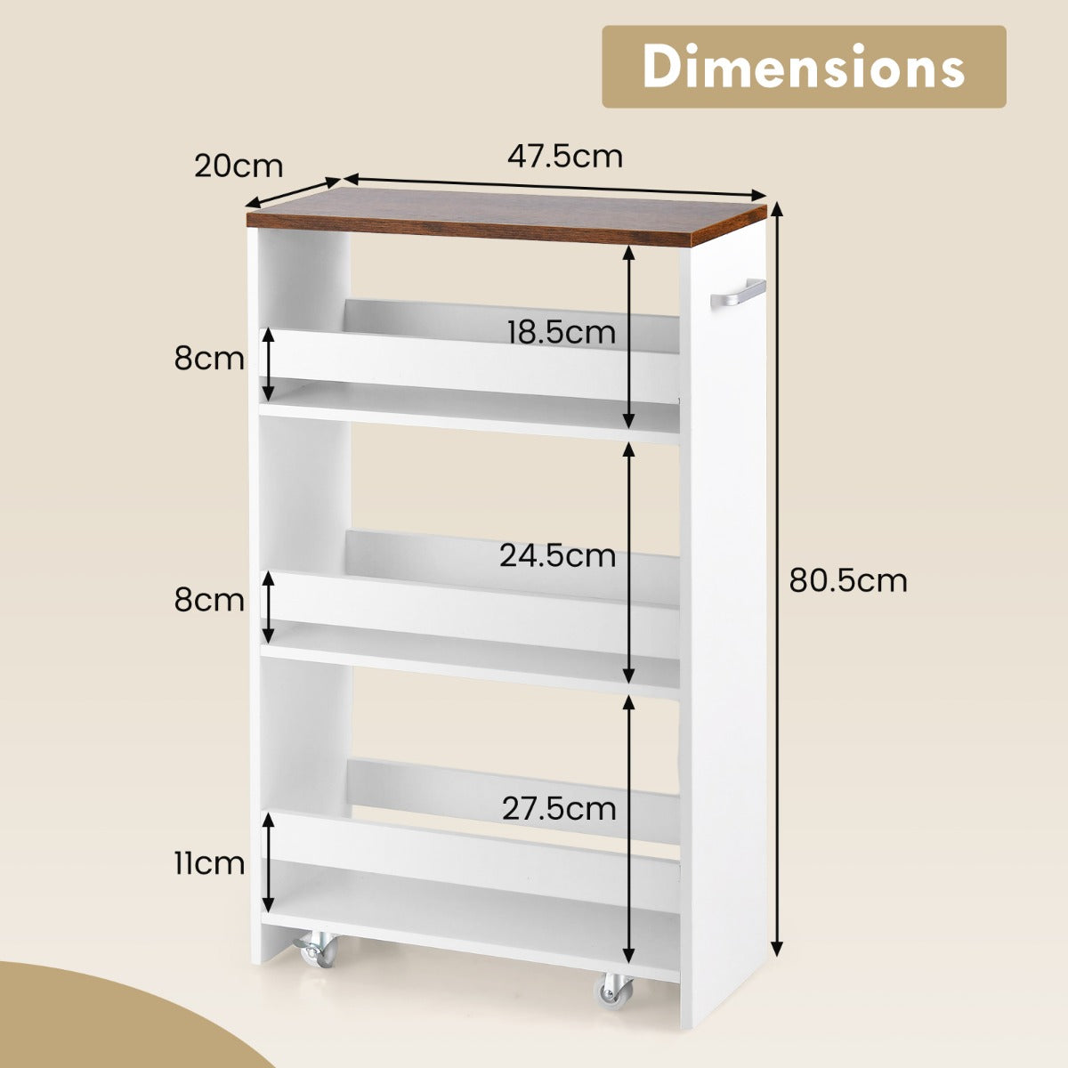 LIVSK Opbergtrolley op Wielen - 4 Planken met Beschermnetten - 360° Draaiend - Vergrendelbare Wielen - 47,5 x 20 x 80,5 cm - Wit