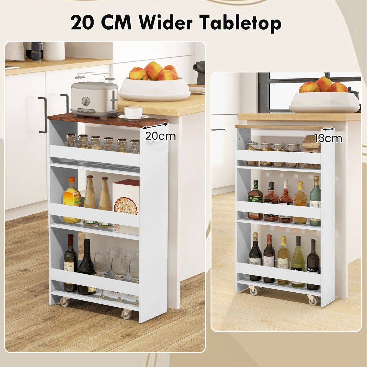 LIVSK Opbergtrolley op Wielen - 4 Planken met Beschermnetten - 360° Draaiend - Vergrendelbare Wielen - 47,5 x 20 x 80,5 cm - Wit
