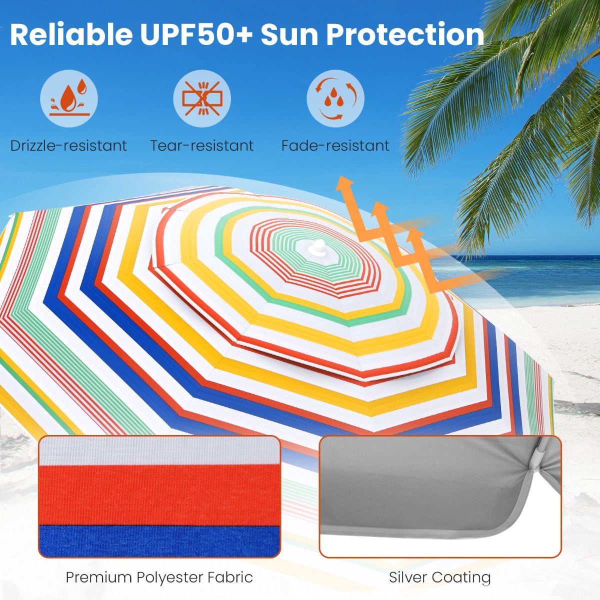 LIVSK Draagbare Strandparasol 200 cm - Polyester met Zilveren Coating - Kantelmechanisme - Draagtas - Zandanker - Multicolor